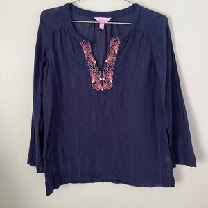Lilly Pulitzer Navy Blue Lurex Stripe Coral Embroidery Tunic Top Size S